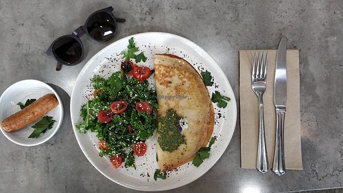 Mushroom crepe, with a side of sausage ;-) at Khamsa in Erskineville