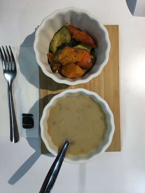 roasted veggie salad and white bean soup at Bonjour Marketplace in Richmond