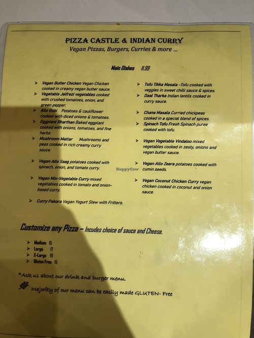 Menu at The Pizza Castle and Indian Curry in Vancouver