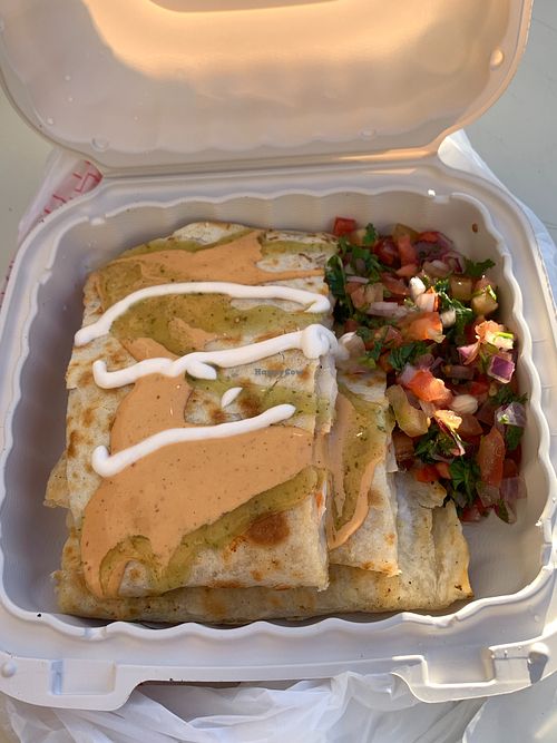 Vegan shrimp quesadilla with salsa

 at Just Vegana in Fontana