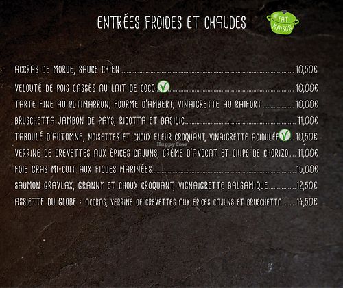 starters, Vegan indicated by "V" at Le Globe in Quimper