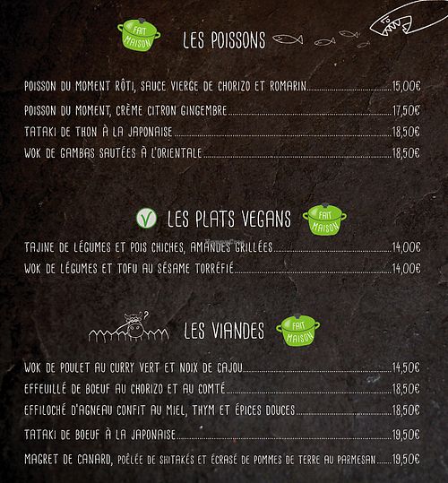 Dishes, Vegan indicated by "V" at Le Globe in Quimper