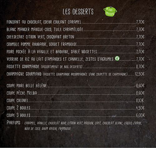 dessert, Vegan indicated by "V" at Le Globe in Quimper