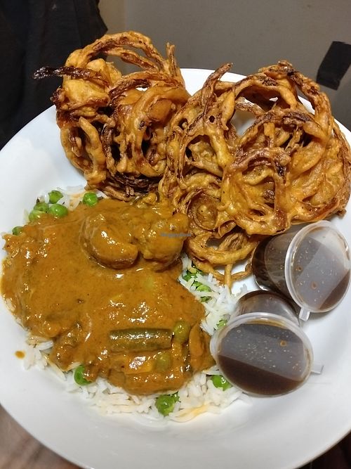 Onion Pakora
Vegan Peas Pulao
Vegetable Makhani 
Tamarind Sauce

Absolutely beautiful. So much flavour. Love this place. at Al Karim's in Moonee Ponds