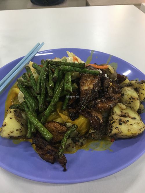French bean, mock meat, pepper potatoes, Chinese cabbage, rice and curry sauce (hidden underneath the rest) at Vegetarian Stall  in Central Singapore
