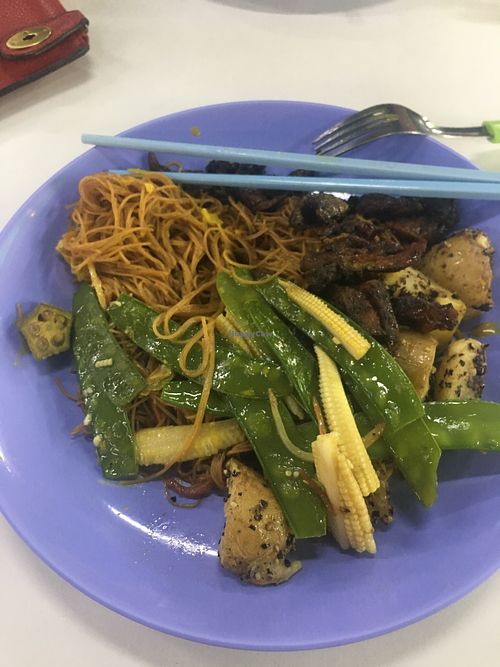 Noodles, mock meat, greens, potatoes > 4$ at Vegetarian Stall  in Central Singapore