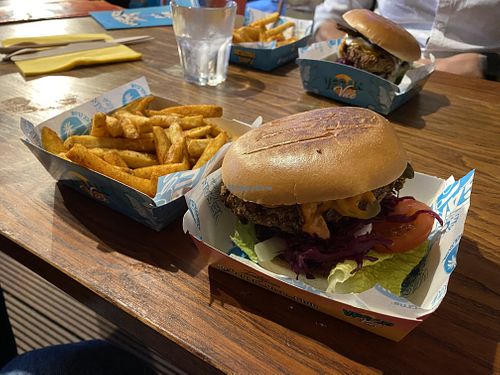 spicy tendercrop burger with classic fries at Vegan Vice in Cambridge