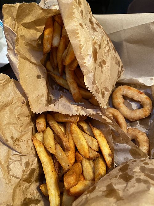 take-out fries and onion rings at Vegan Vice in Cambridge