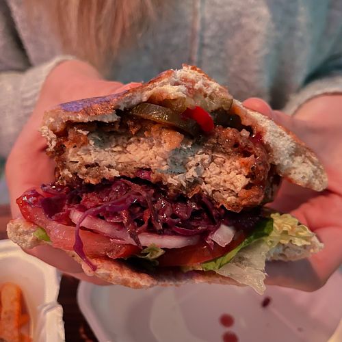 inside the hot sweet chilli burger at Vegan Vice in Cambridge