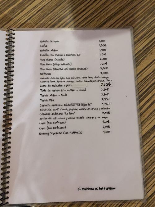 Menu  at La Mala Mujer in Madrid