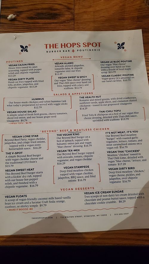 Vegan menu at The Hops Spot in Syracuse