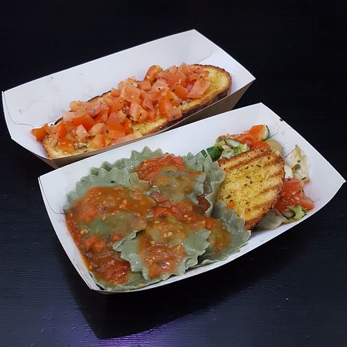 Tofu and spinach filling with tomato sauce at Raveoli in Croydon