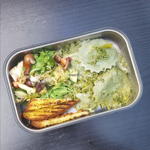 Tofu and spinach ravioli with pesto at Raveoli in Croydon