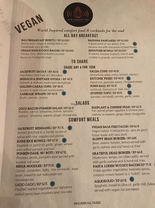 Vegan menu at The Onion Collective in Ubud