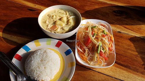massamam curry(huge bowl) and papaya salad. best thai food on the island! at Ying Ying's Kitchen in Koh Phangan