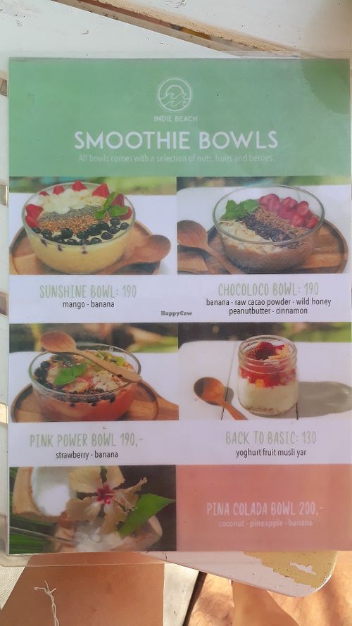 Smoothie bowls menu - vegan on request at Indie Beach in Koh Chang