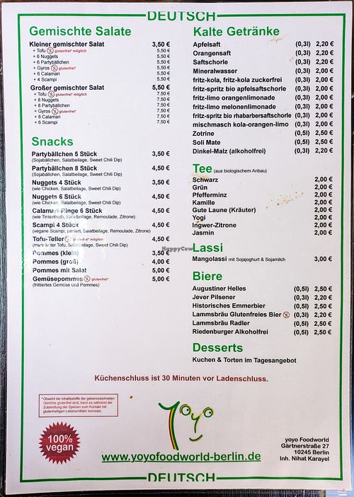 Menu page at Yoyo Foodworld at Yoyo Foodworld in Berlin