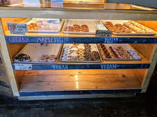 Bottom shelf for vegan donuts! at SloDoCo in San Luis Obispo