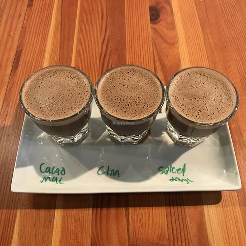 Flight of vegan hot chocolates  at Ghost Note Coffee in Seattle
