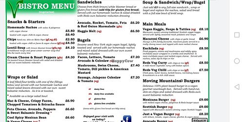 Menu 1 at Reds in Edinburgh