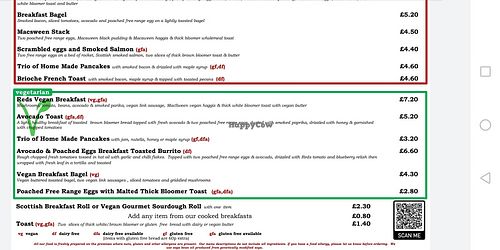 Menu 2 at Reds in Edinburgh