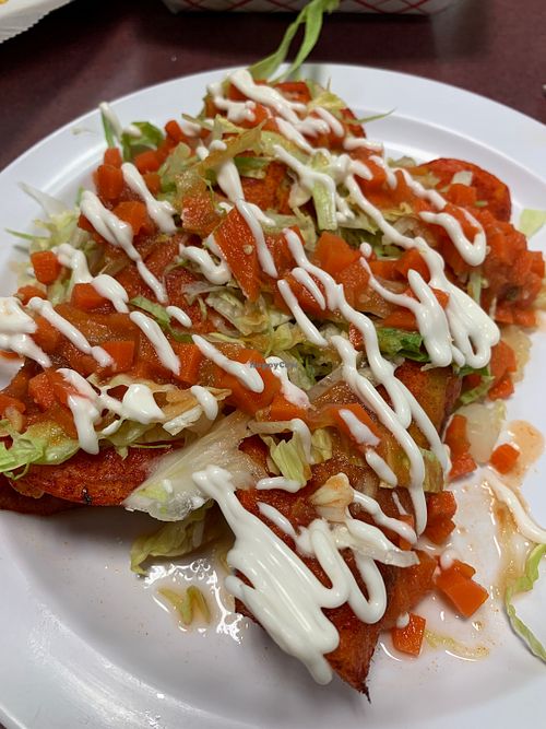 Enchiladas- one bean and the other chorizo at Taco Temptation in Port Chester