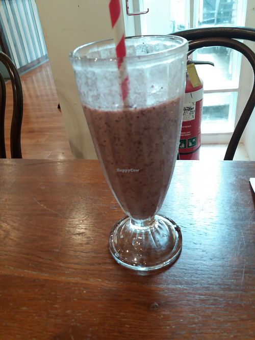 Cocoa, banana, mango and coconut smoothie at Golden Grapes in Glebe