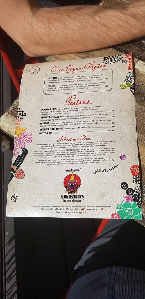 Vegan and Vego menu desserts at Montezuma's in Noosa Heads