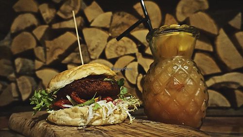 BBQ meat-free vegan burger with a homemade patty, salad, vegan mayo and barbecue suace. at Wildebeest Gastropub in Aalborg