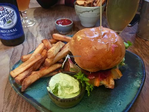 Their vegan burger with fries and vegan mayo as dip at Wildebeest Gastropub in Aalborg