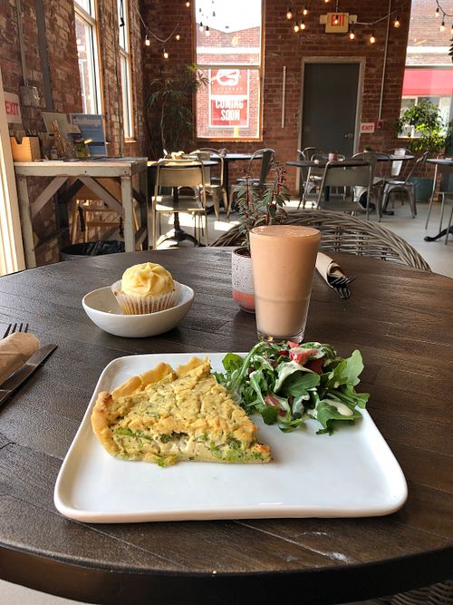 The quiche with house smoothie at The Stand Vegan Cafe in Fairfield
