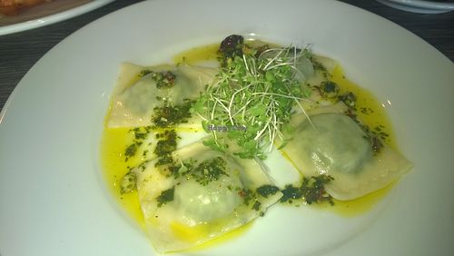 Ravioli filled with garlic, spinach and cashew nut cream with spinach, chilli and walnut pesto  at Evan's Bistro in Whitley Bay
