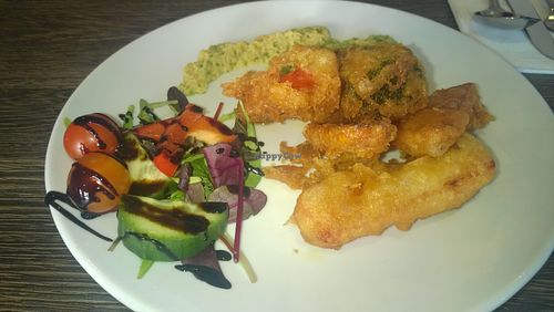 Tempura battered vegetables with coriander hummus at Evan's Bistro in Whitley Bay