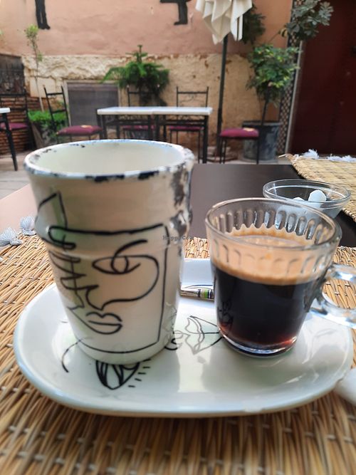 No other plant milks that coconut, here good dark coffee with separate coconut milk. at Veggie Pause  in Fes