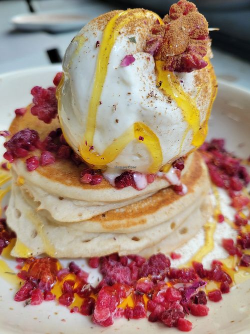 Raspberry pancakes... Yummy😋 at WAVE in East London
