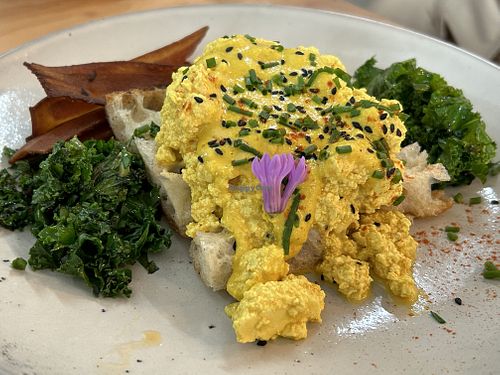 Scrambled tofu on focaccia with kale and bacon   at WAVE in East London