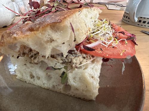 Chicken baked tofu on focaccia   at WAVE in East London