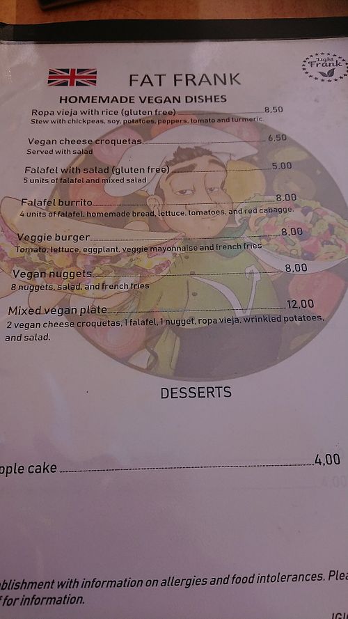 The menu at Fat Frank in Gran Canaria