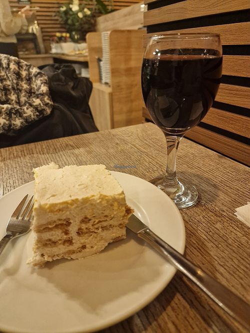 Bounty cake yum! With house red wine at Jardim das Cerejas - Chiado in Lisbon