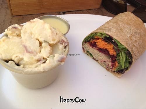 vegan Venus Wrap. and vegan potatoes . with miso ginger sauce. vet good! at Palm Greens Cafe in Palm Springs