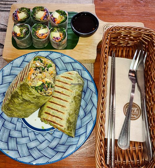 Mega-vegan Burrito with vegan Avocado Spring Rolls at Easy Health in Pattaya