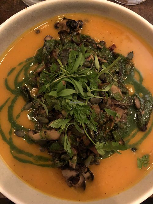 Pumpkin sauce, lentils, shiitake and chanterelle mushrooms  at Le Potager de Charlotte - Rennequin in Paris