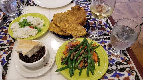 Black bean soup with bread, rice and peas, tostones, and green beans with carrots and mushrooms. at Columbia in St Augustine