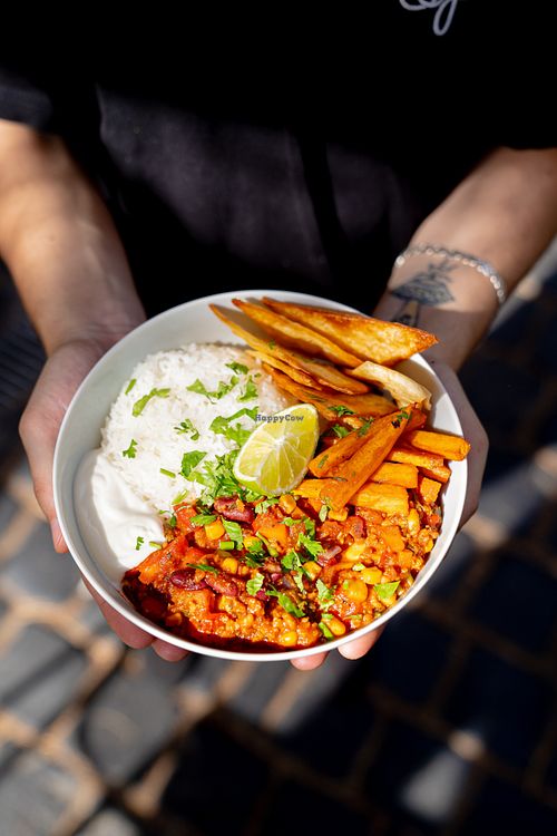 Heartwarming mexican bowl with home made tortillas and sweet potato fries at Made with Laf in Bratislava