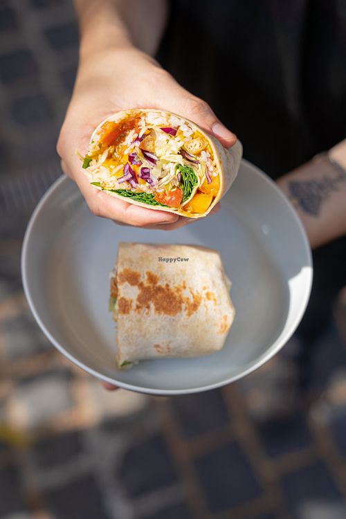 Fully loaded hokkaido pumpkin burrito with peach salsa at Made with Laf in Bratislava