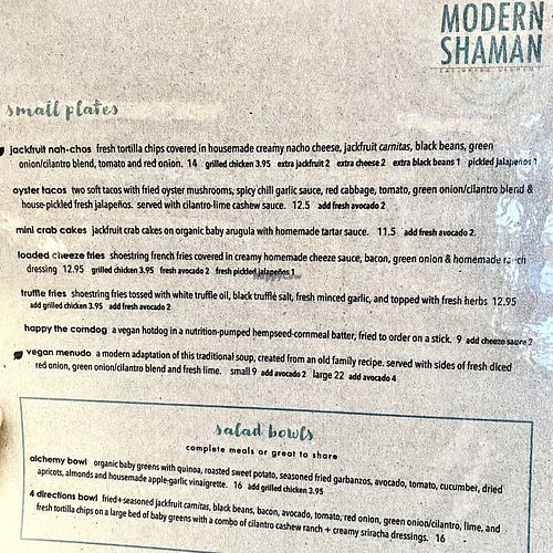 Menu  at Modern Shaman in Whittier