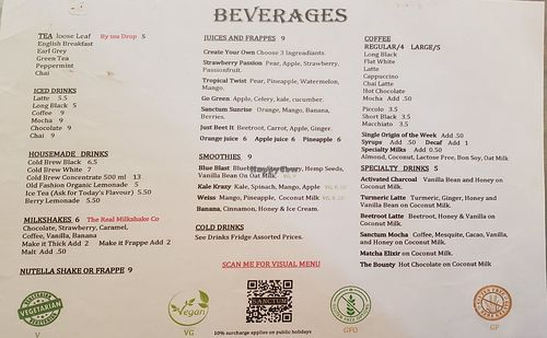 Drinks menu at Sanctum Cafe in Cooks Hill