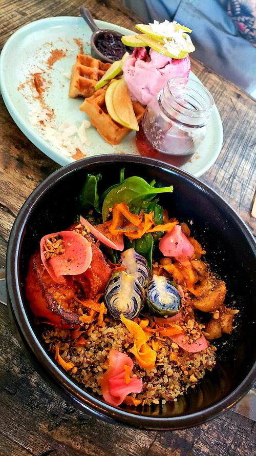 Vegan breakfast bowl and waffles at Sanctum Cafe in Cooks Hill