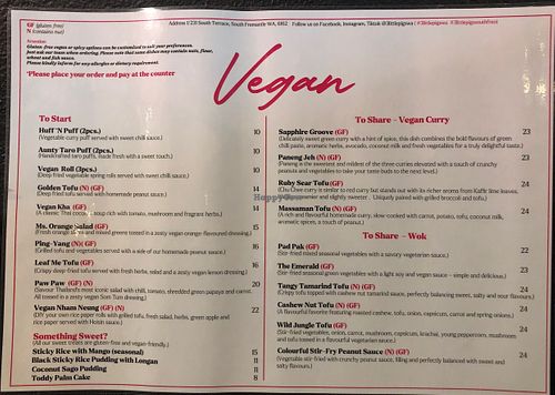 The vegan side of the menu  at Three Little Pigs in South Fremantle