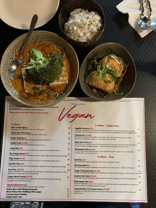 Ruby sear tofu (red curry), veg curry puffs & coconut rice  at Three Little Pigs in South Fremantle